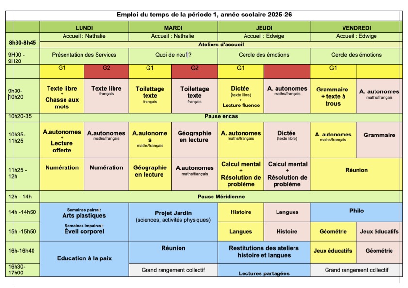 Emploi du temps Période 1 Emploi du temps